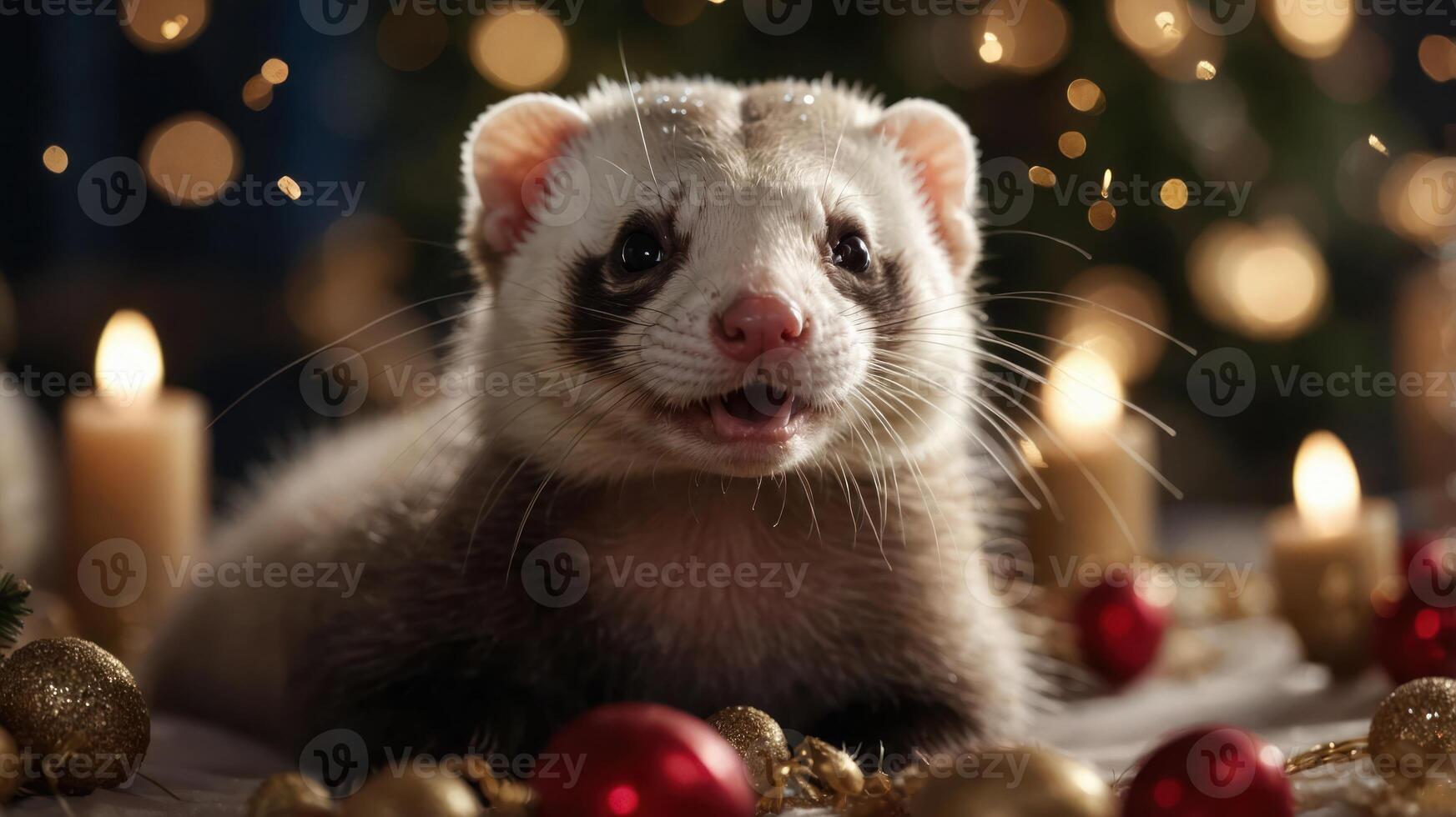 A festive ferret surrounded by holiday decorations and candles. photo