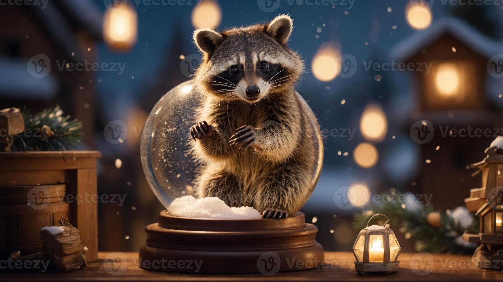 A raccoon inside a snow globe with a cozy winter backdrop. photo