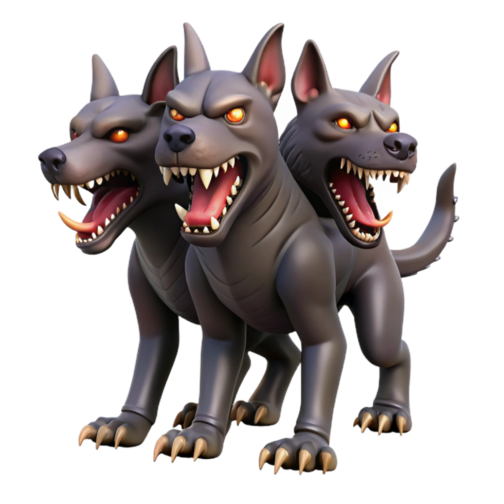 striking standout Cerberus, three-headed hellhound, watchful and snarling, NO BACKGROUND with Transparent Background. png