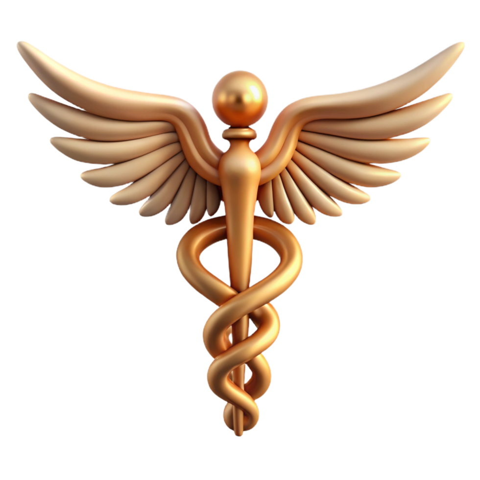 iconic minimalist Hermes' Caduceus, winged staff with intertwined serpents, NO BACKGROUND with Transparent Background. museum quality png