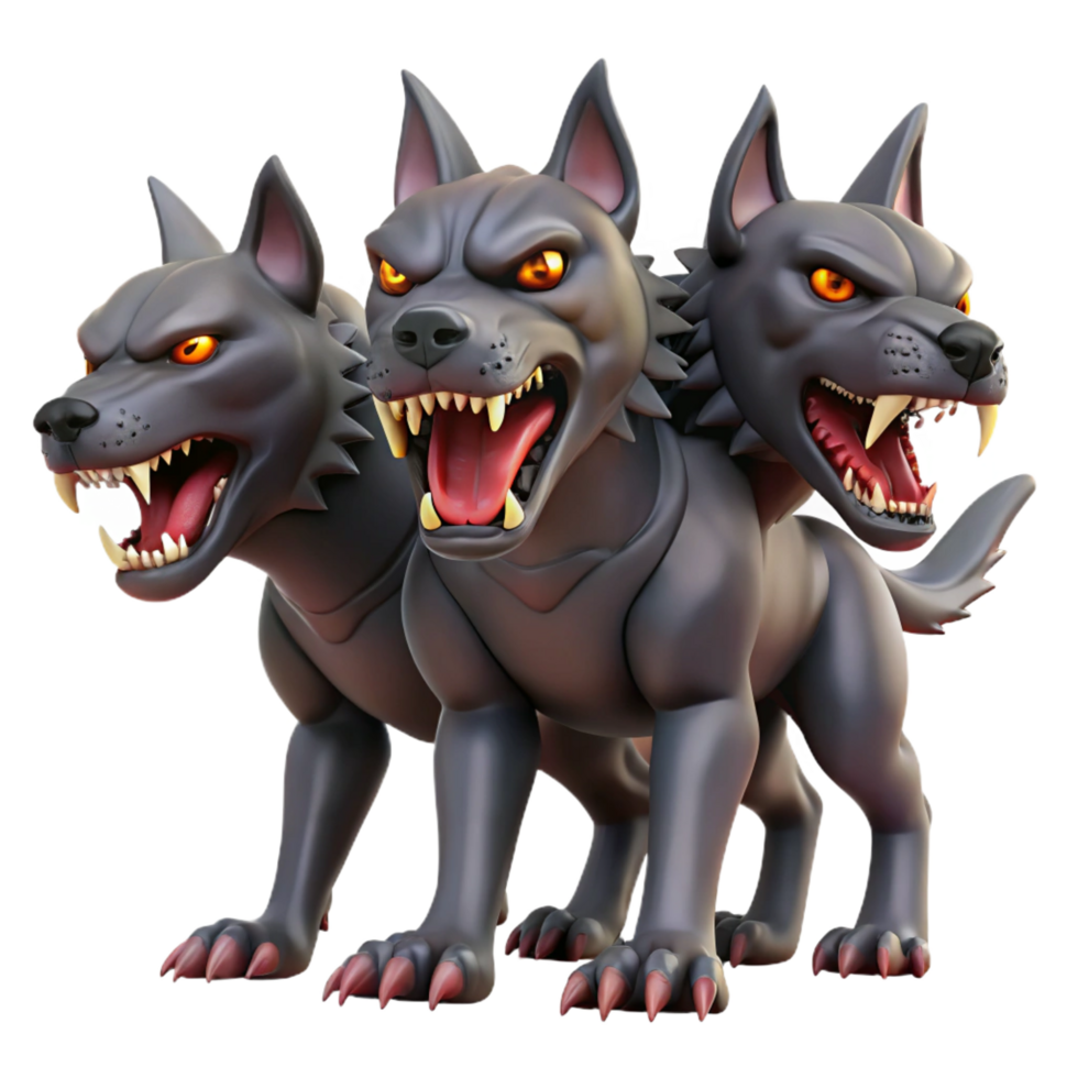 distinctive retro Cerberus, three-headed hellhound, watchful and snarling, NO BACKGROUND with Transparent Background. crisp png