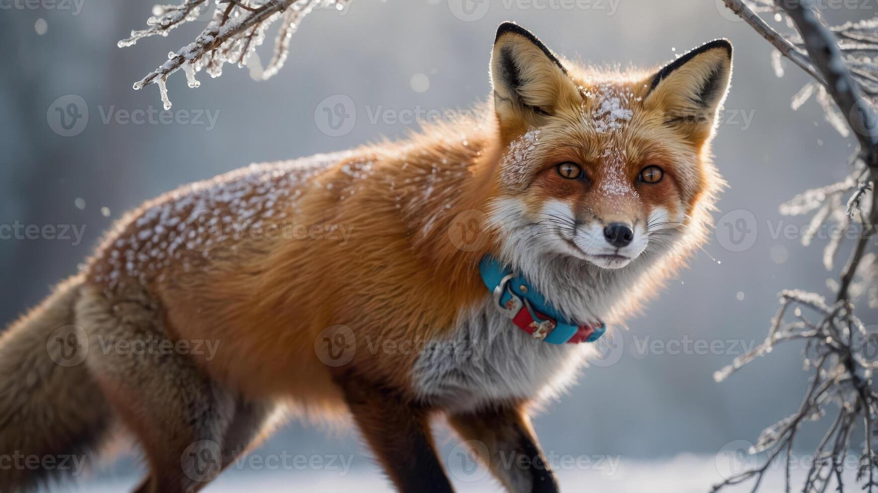 A close-up of a red fox with a snowy background, showcasing its vibrant fur and collar. photo