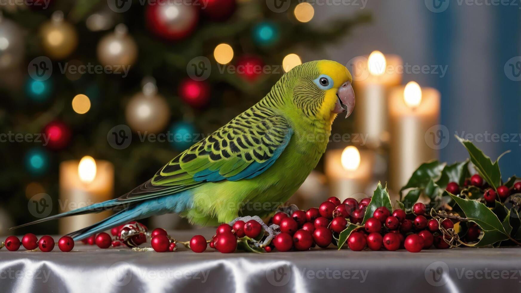 A vibrant parakeet perched among festive decorations and berries, creating a holiday atmosphere. photo