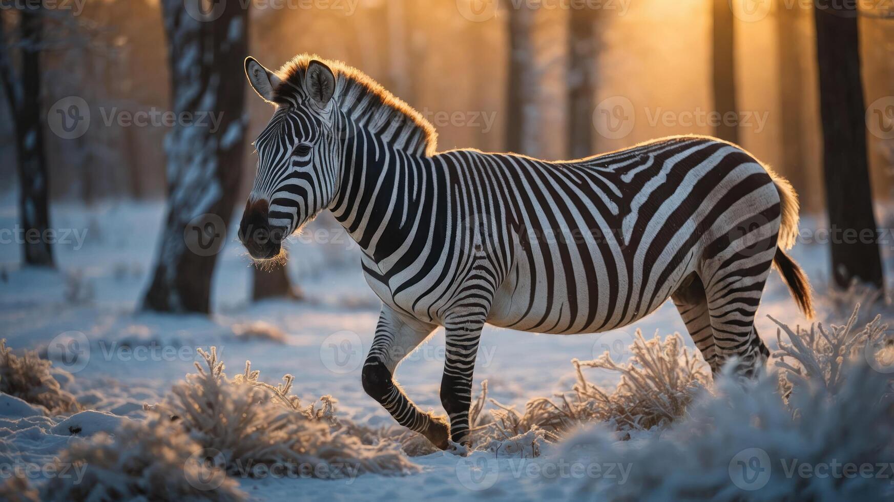 A zebra trots through a snow-covered forest at sunset, showcasing its striking stripes. photo