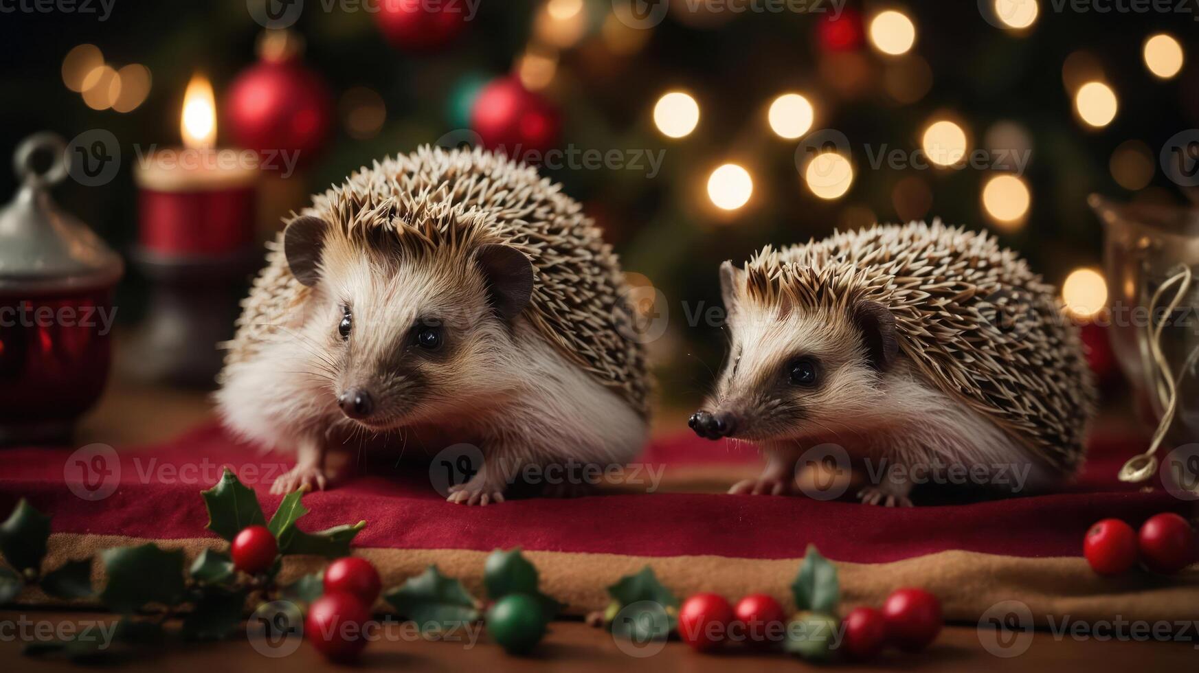 Two hedgehogs on a festive table with holiday decorations and soft lighting. photo