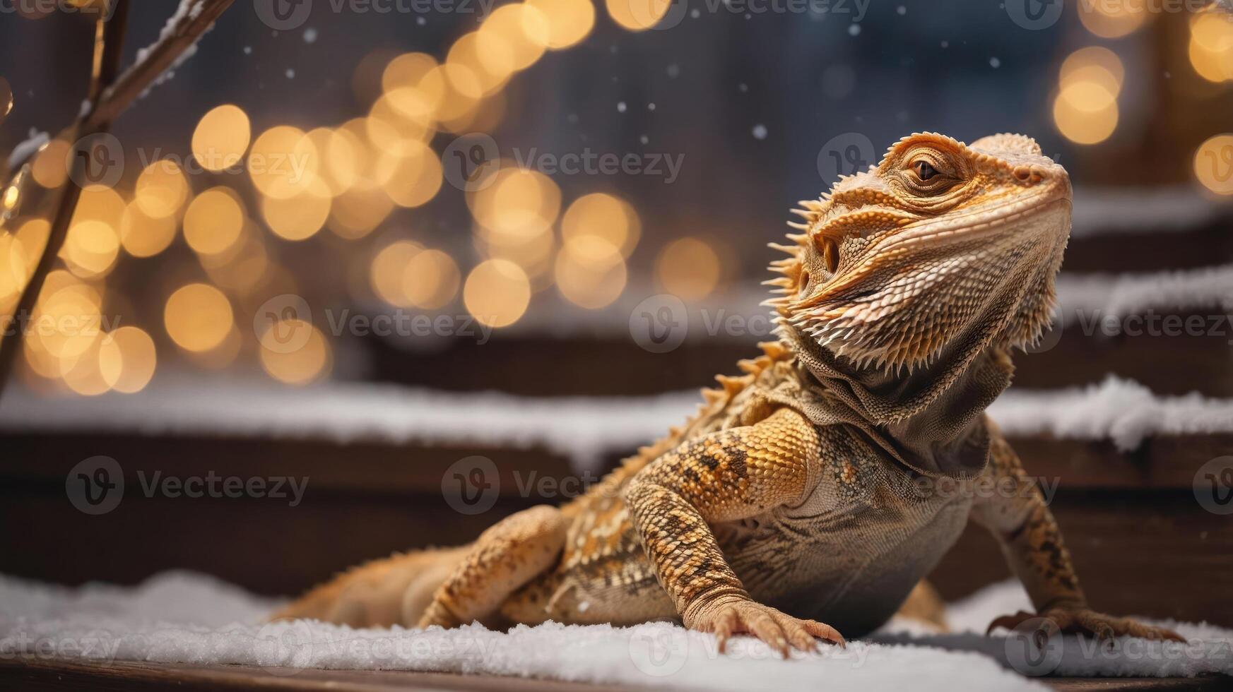 A bearded dragon resting on snow-covered steps with soft bokeh lights in the background. photo