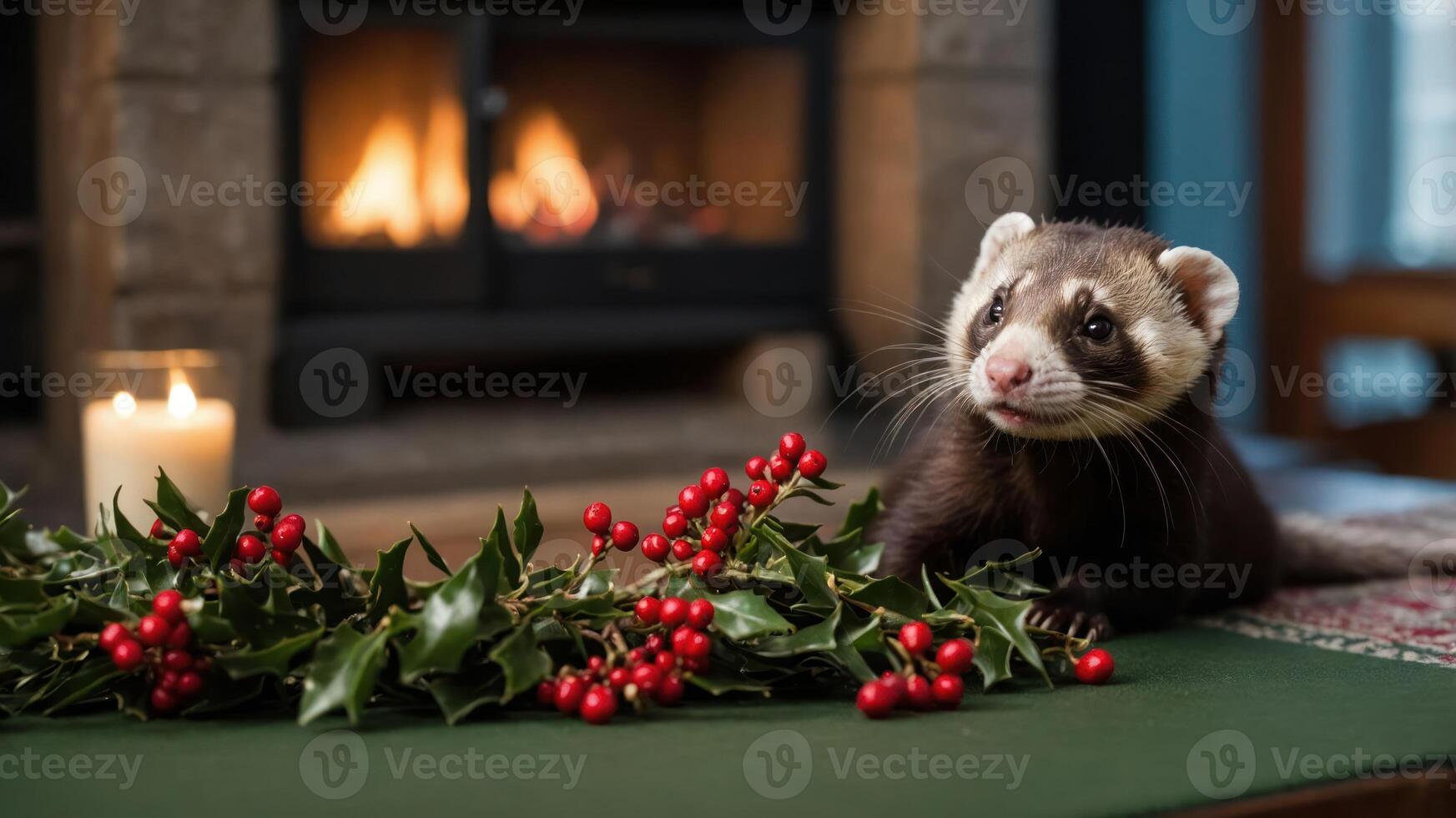 A ferret poses with holly and berries near a cozy fireplace, creating a festive atmosphere. photo