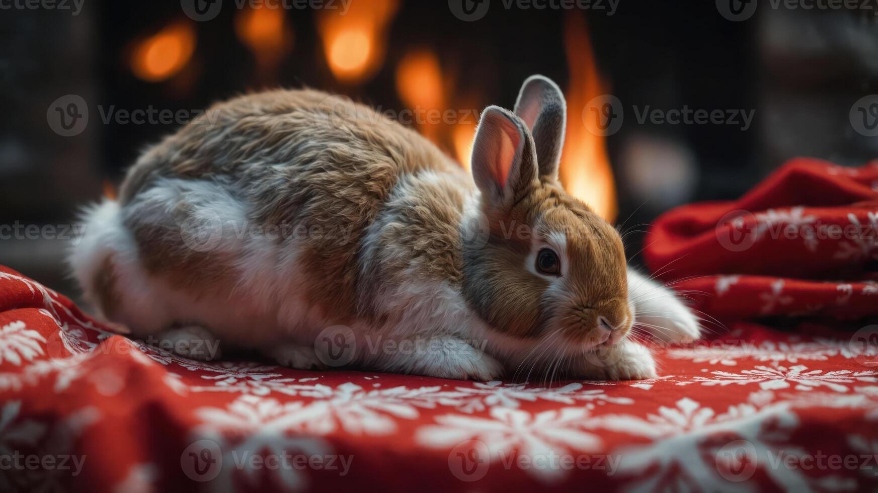 A cozy rabbit resting on a festive red blanket near a warm fireplace. photo
