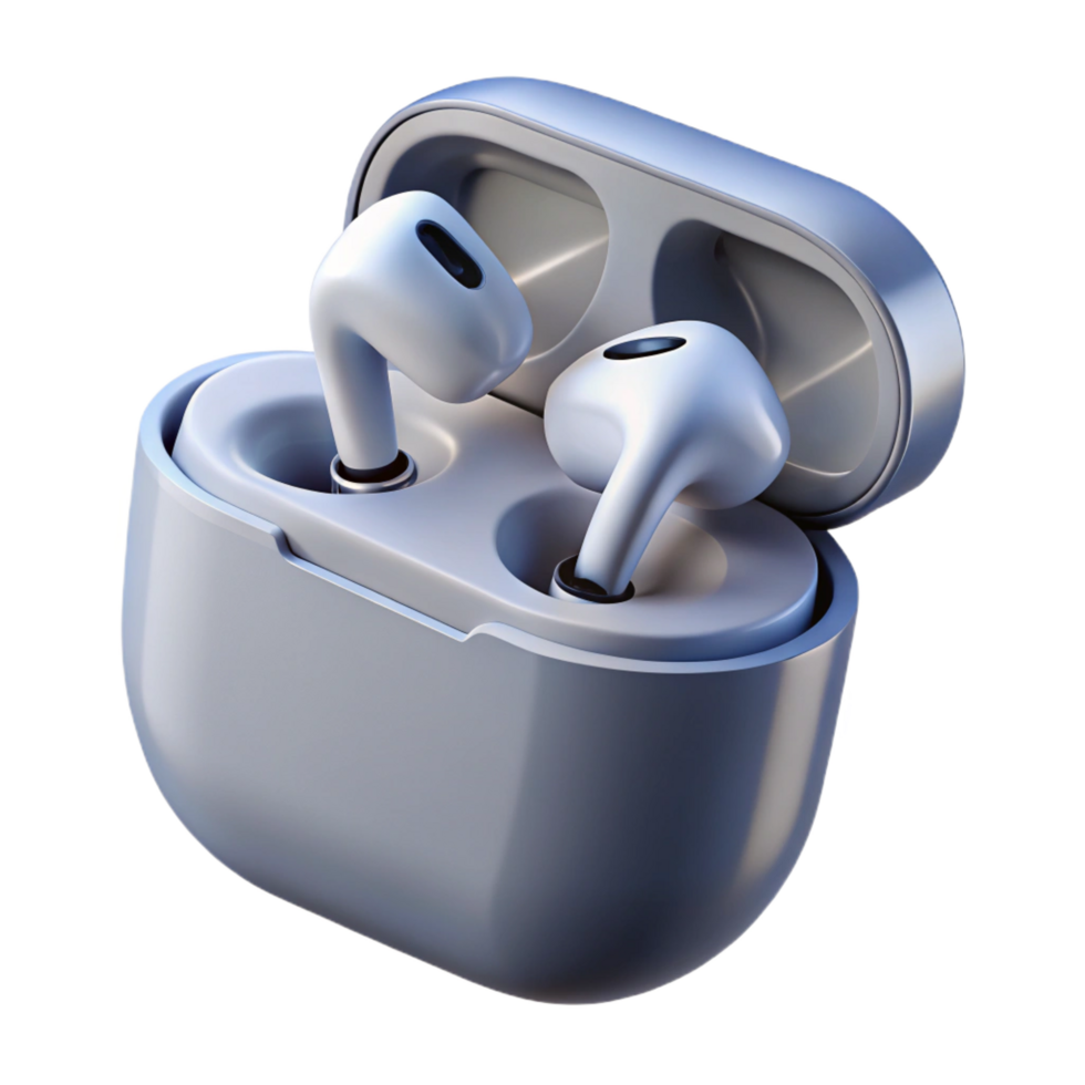 nostalgic fascinating Single AirPod Pro with charging case open, NO BACKGROUND with Transparent Background. flawless png