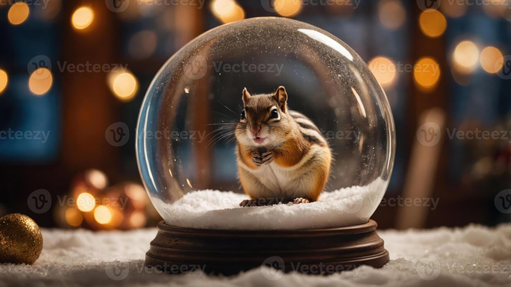 A chipmunk inside a snow globe surrounded by soft snow and warm lights. photo