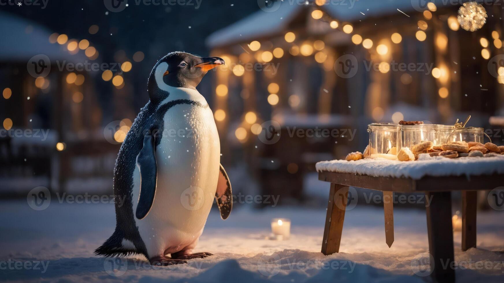 A penguin stands near a festive table with treats in a snowy, decorated outdoor setting. photo