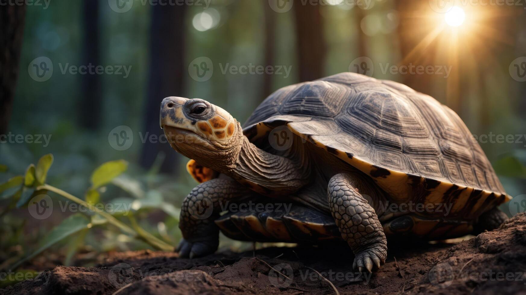 A tortoise in a forest setting, illuminated by warm sunlight filtering through trees. photo