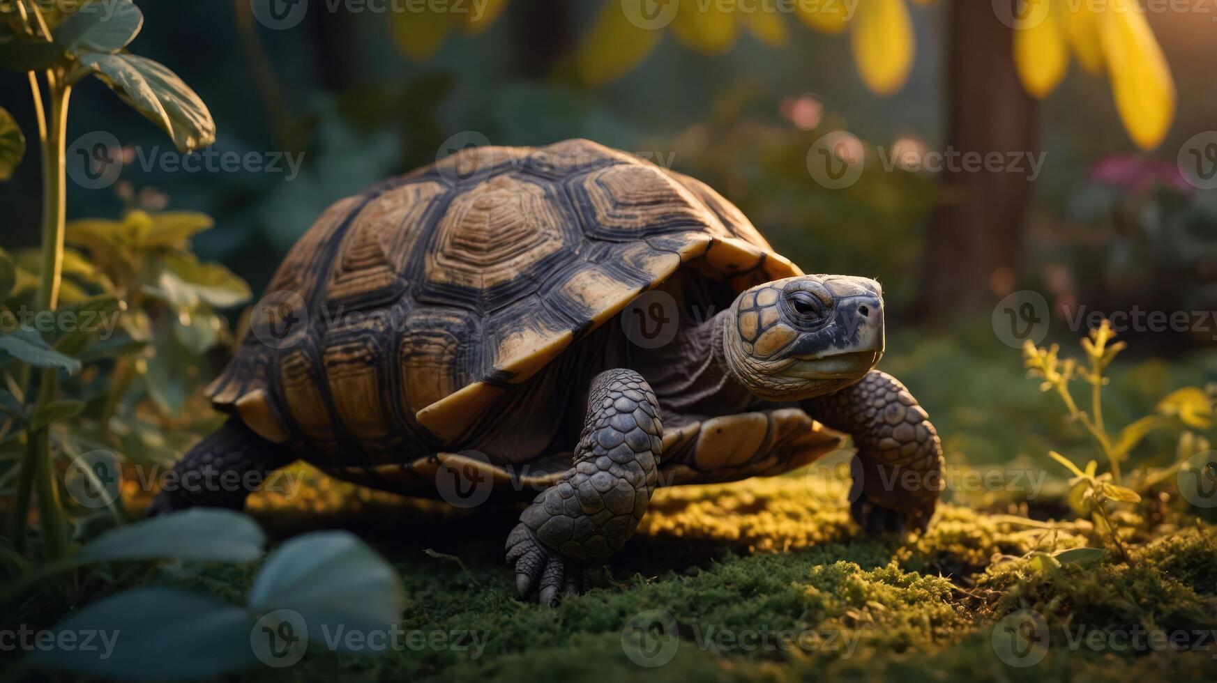 A tortoise walking on moss in a serene forest setting, illuminated by soft sunlight. photo