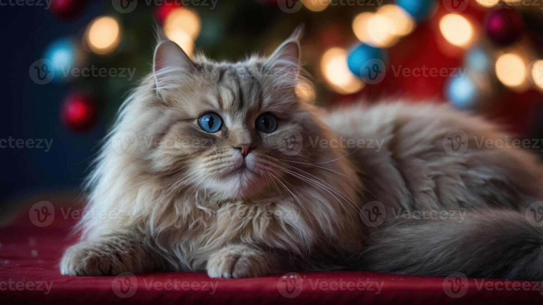 A fluffy cat with blue eyes resting on a table near a decorated Christmas tree. photo