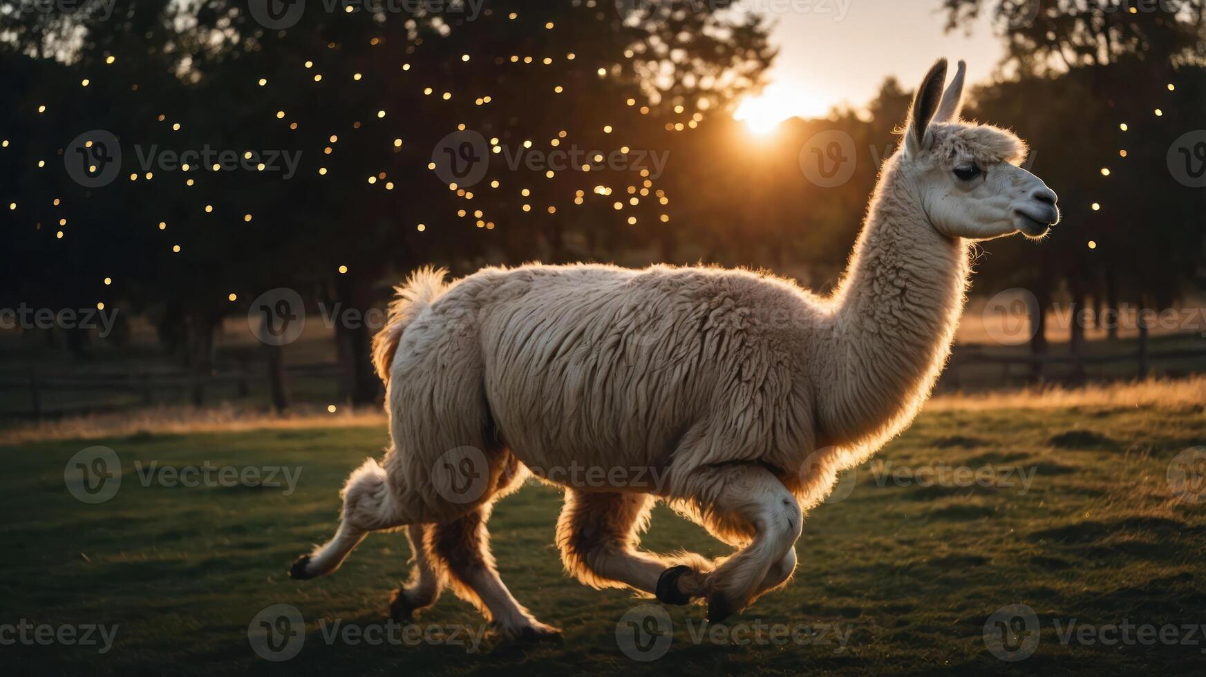 A running llama in a sunlit field with a magical atmosphere. photo