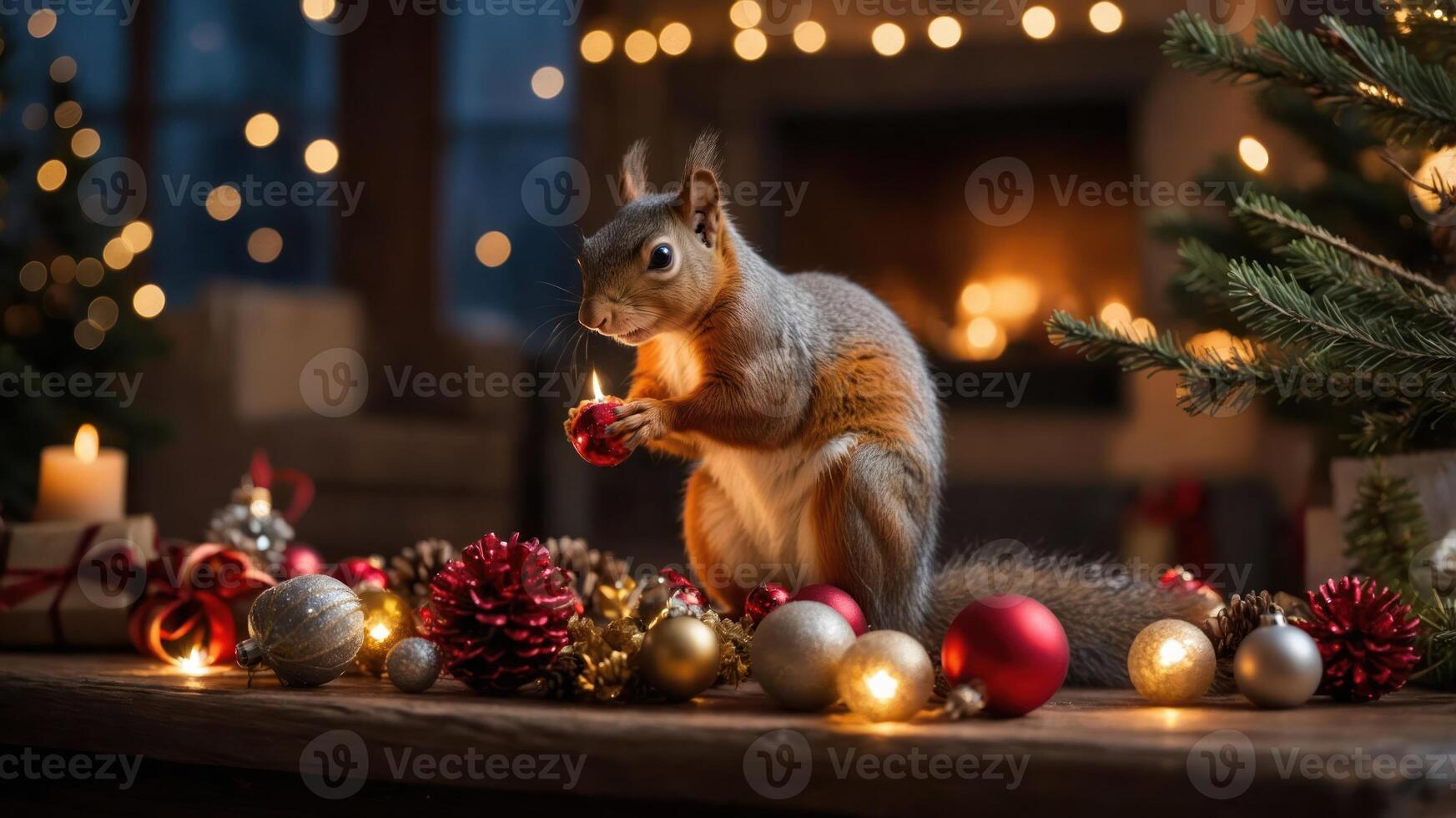 A squirrel decorates a festive table with ornaments and candles during the holiday season. photo