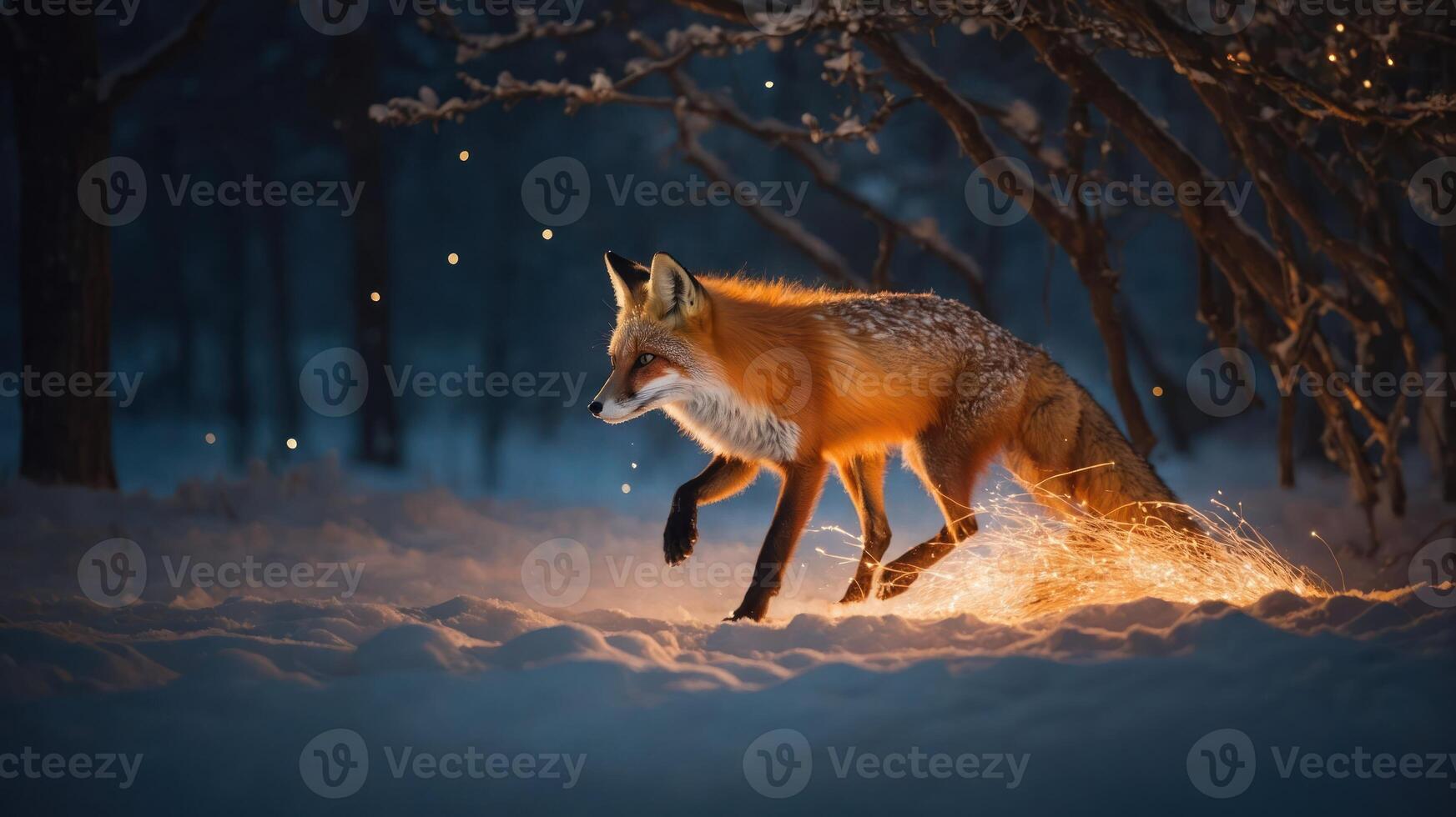 A fox walks through a snowy landscape, illuminated by a soft glow amidst the trees. photo