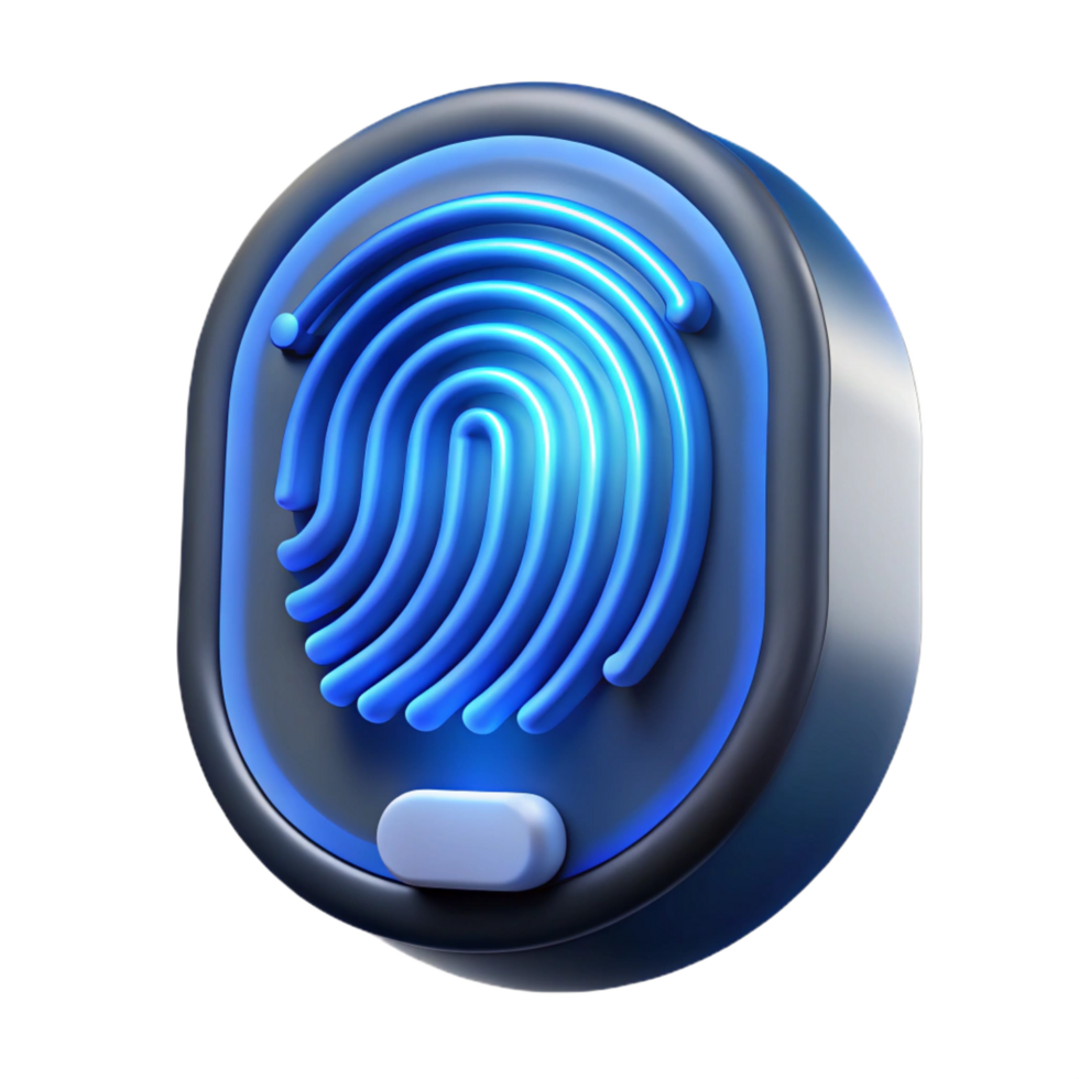 picturesque reflective minimalist Fingerprint scanner illuminated with blue light, NO BACKGROUND with Transparent Background. gallery standard png
