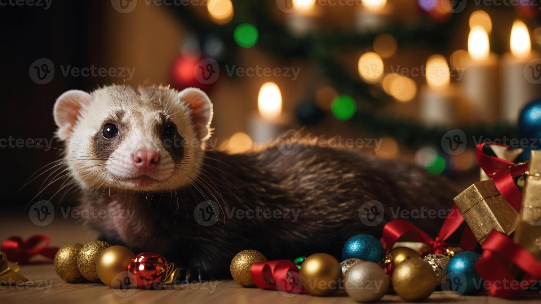 A ferret surrounded by festive decorations and candles, creating a cozy holiday atmosphere. photo