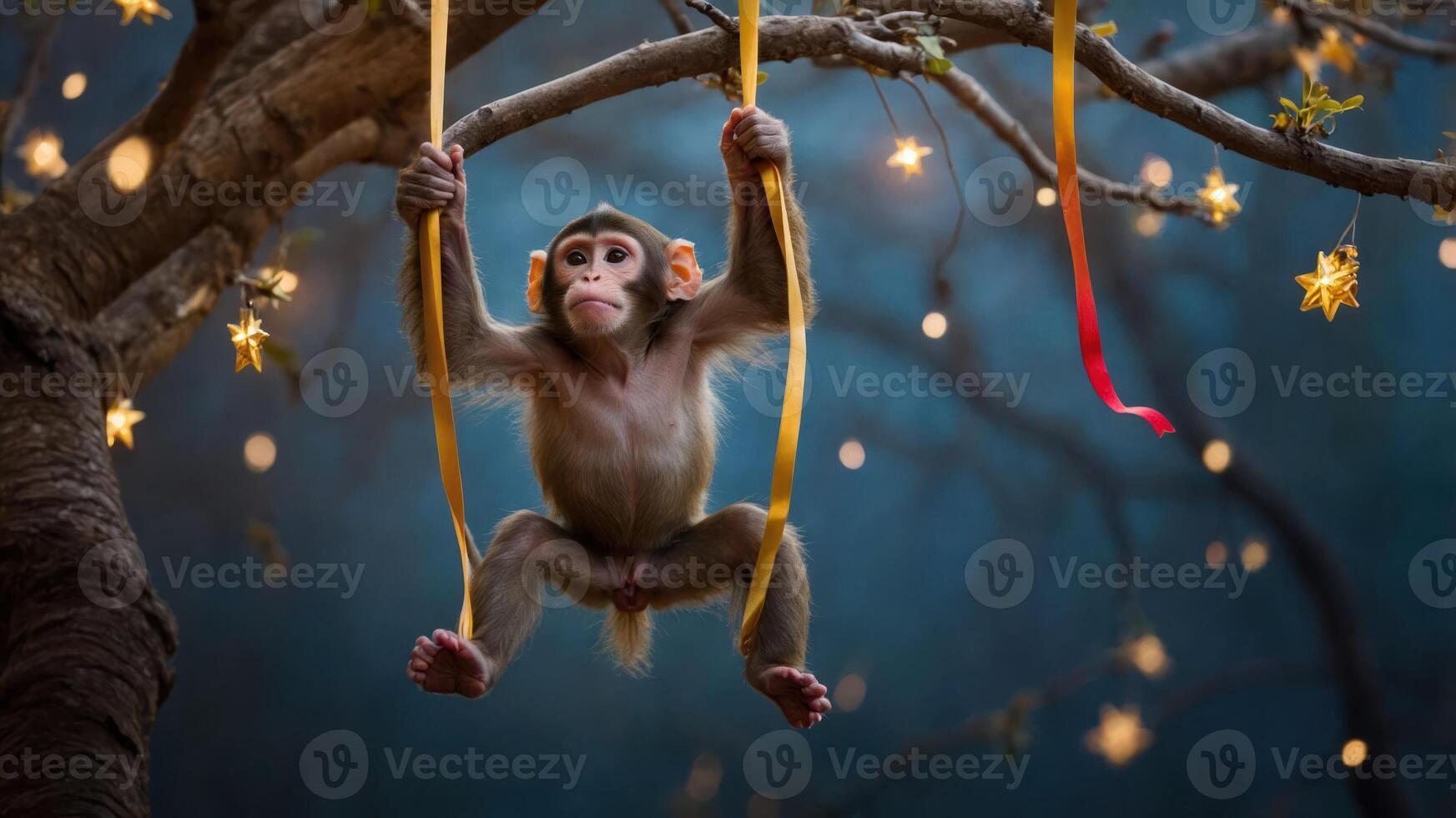 A playful monkey hangs from ribbons in a tree adorned with stars, creating a whimsical scene. photo