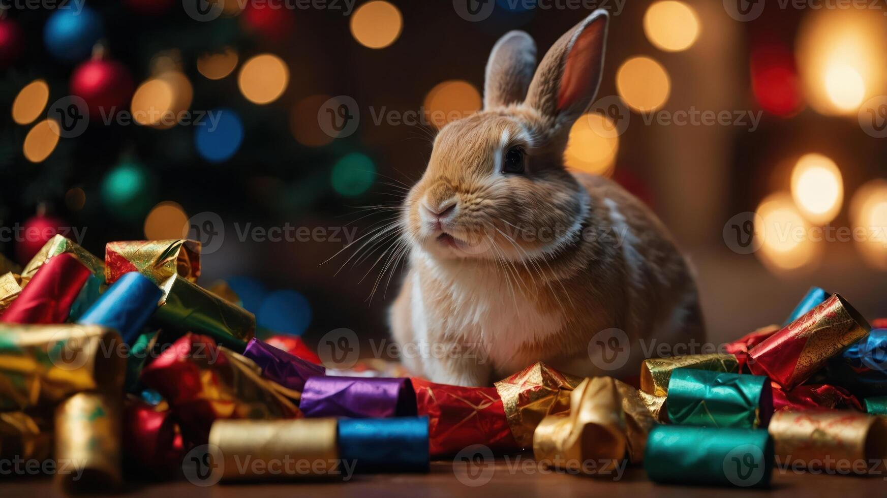 A rabbit surrounded by colorful gift wraps near a decorated Christmas tree. photo