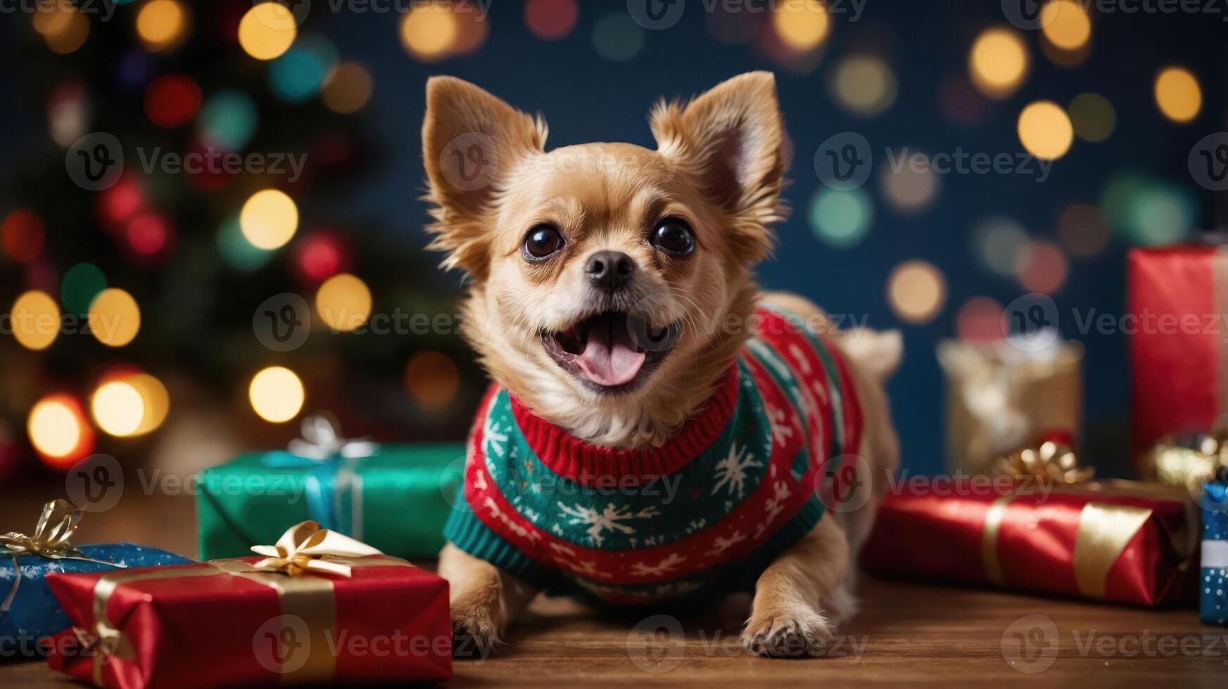 A cheerful dog in a festive sweater surrounded by colorful gifts and a Christmas tree backdrop. photo