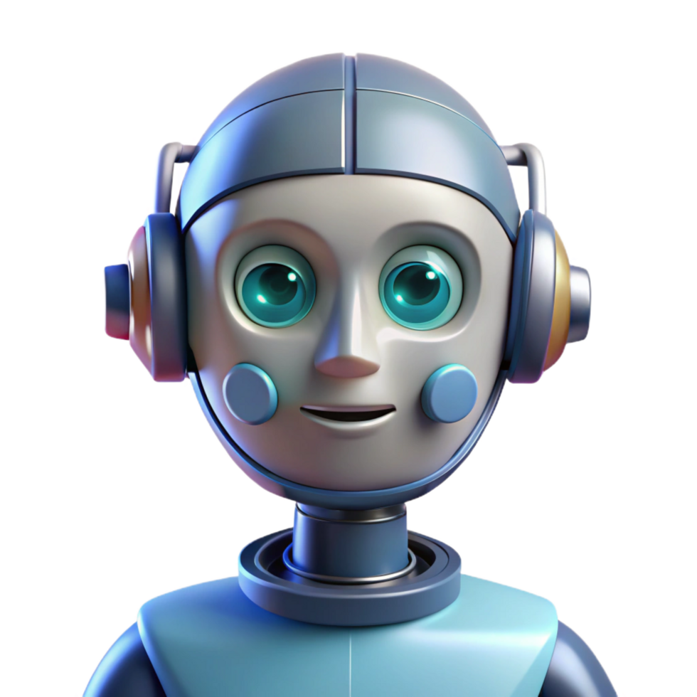tranquil glorious Artificial intelligence robot head, NO BACKGROUND with Transparent Background. crisp png