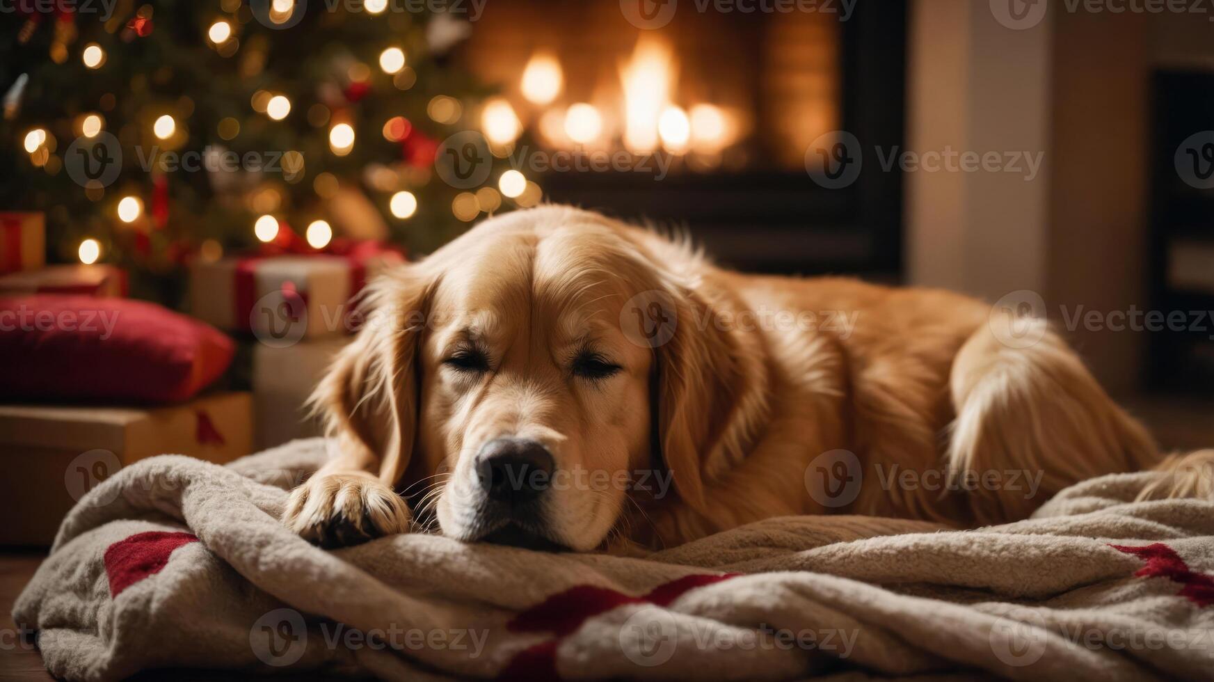 A golden retriever resting on a cozy blanket near a decorated Christmas tree and fireplace. photo