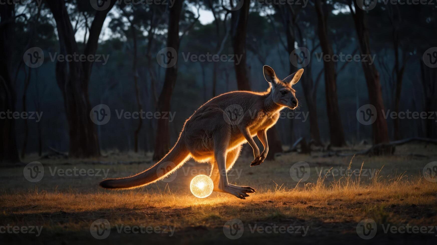 A kangaroo illuminated by a glowing orb in a serene, twilight landscape. photo