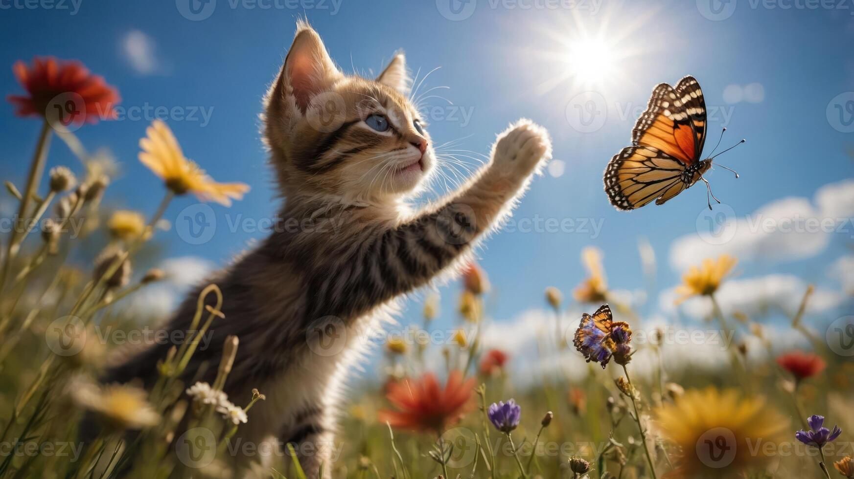A playful kitten reaching for a butterfly in a vibrant flower field under a sunny sky. photo