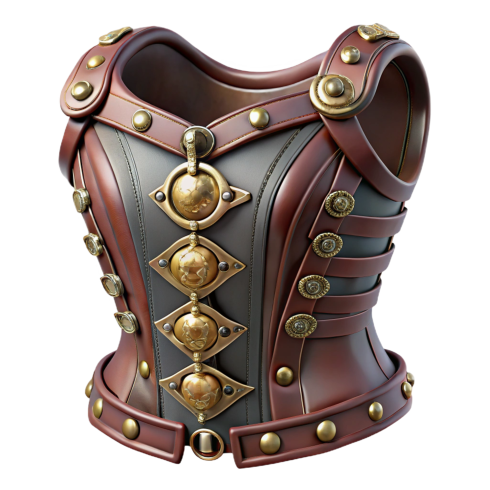 exquisite distinguished Steampunk corset made of leather and metal with intricate buckles. NO BACKGROUND with Transparent Background. png