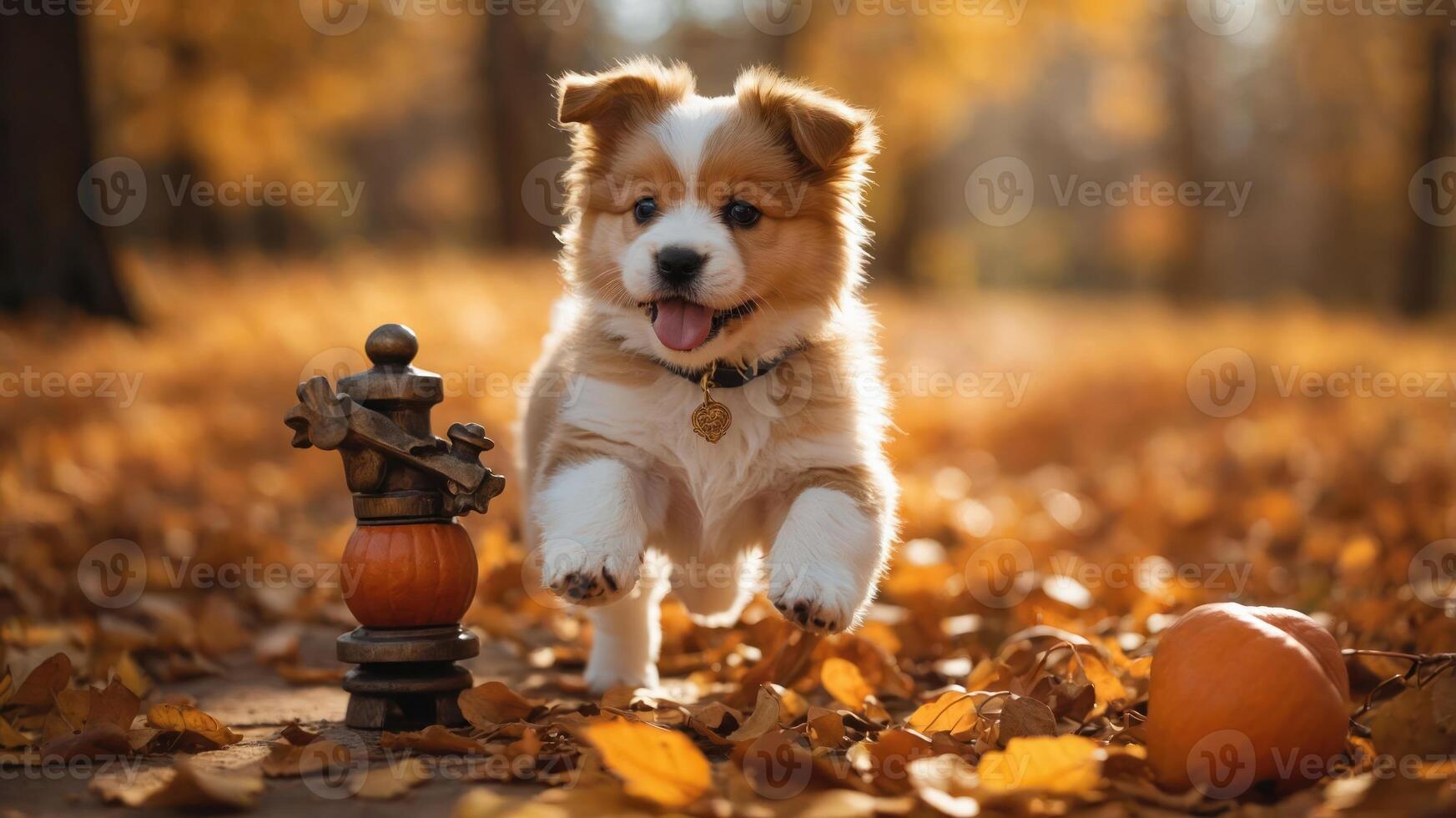 A playful puppy joyfully runs through a bed of autumn leaves with a small pumpkin nearby. photo