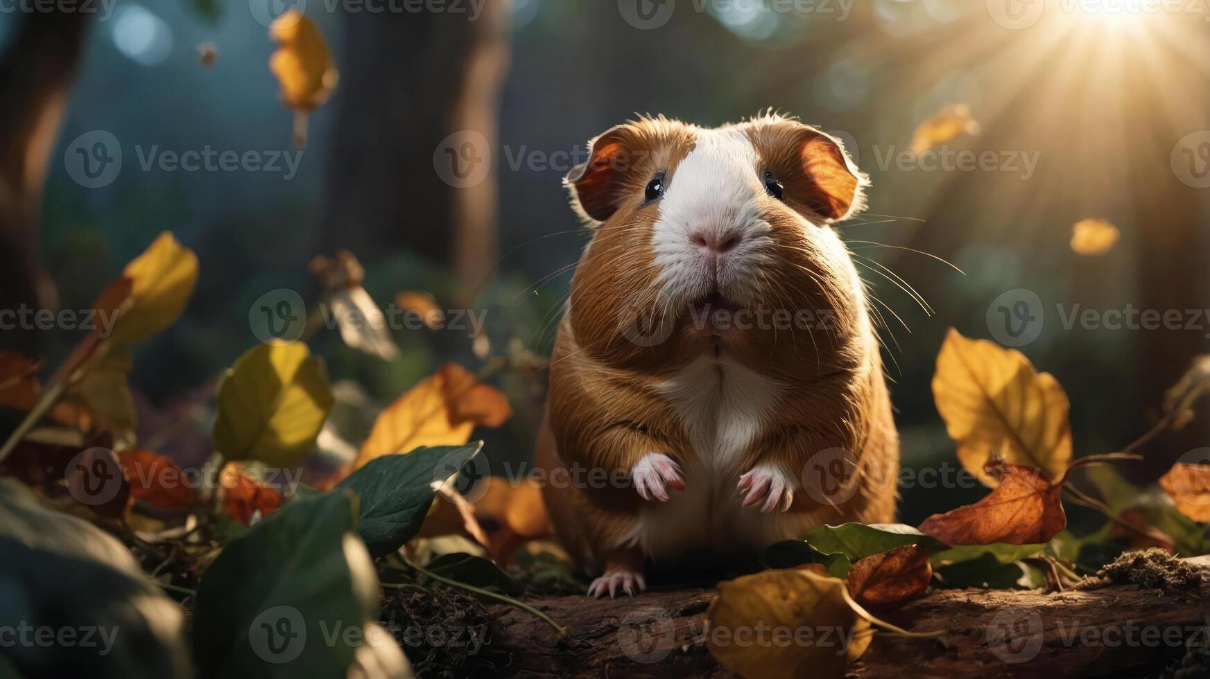 A cute guinea pig amidst autumn leaves, illuminated by soft sunlight in a forest setting. photo