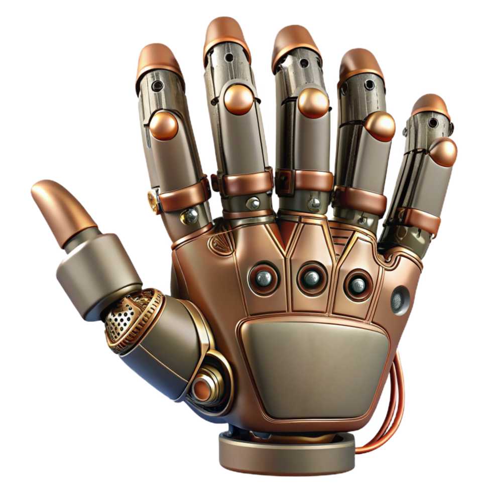 magnificent inspired Steampunk robotic hand with articulated fingers and exposed wiring. NO BACKGROUND with Transparent Background. png