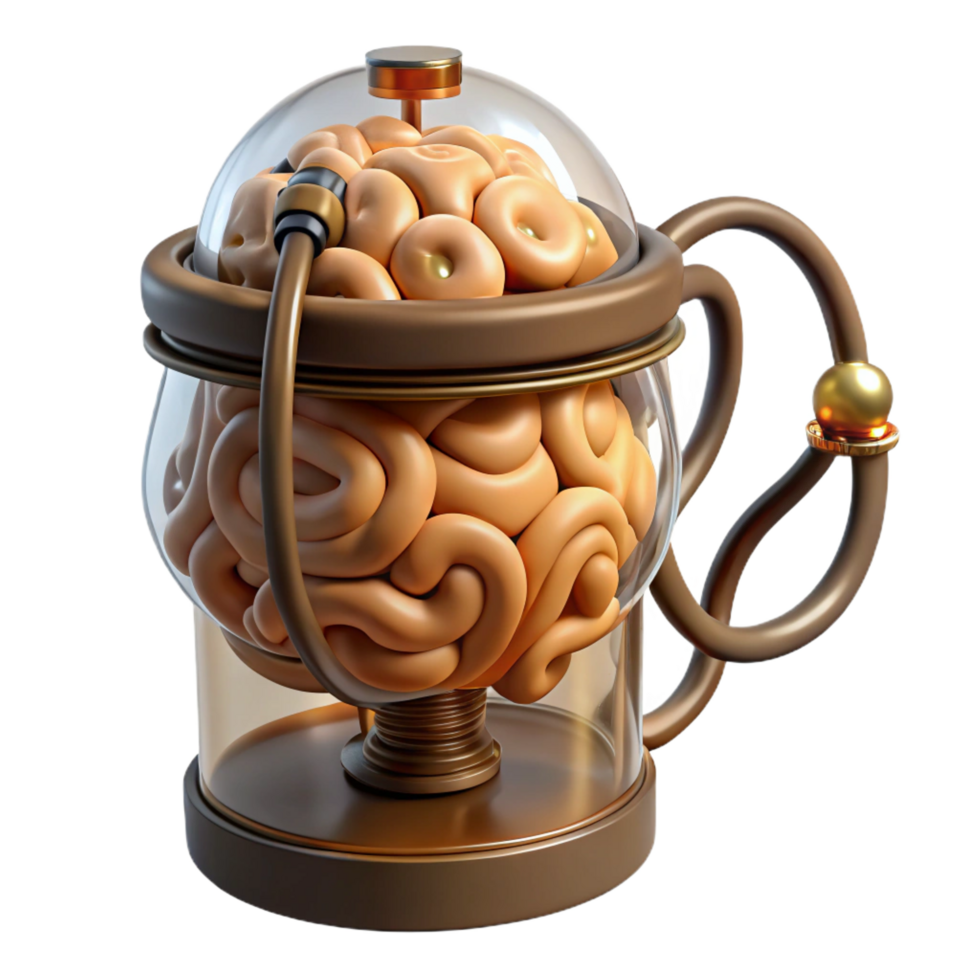 playful exquisite Steampunk brain in a jar with wires and tubes attached. NO BACKGROUND with Transparent Background. premium png