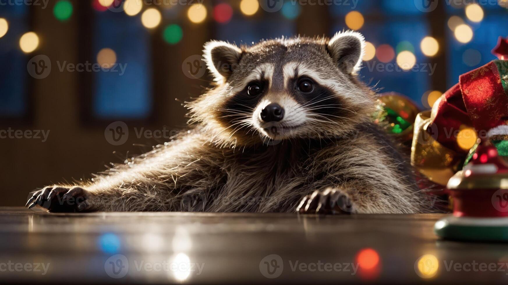 A raccoon sitting at a table with festive decorations in a cozy setting. photo