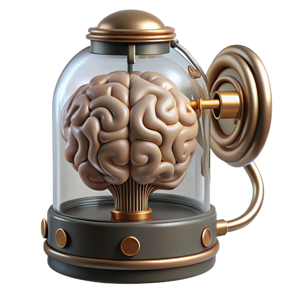 magnificent memorable Steampunk brain in a jar with wires and tubes attached. NO BACKGROUND with Transparent Background. png