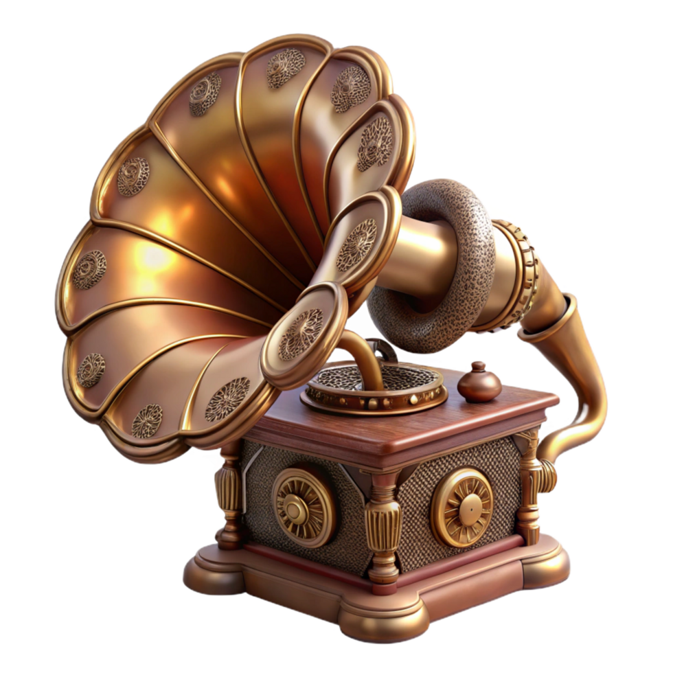 majestic victorian Steampunk gramophone with a large ornate horn and intricate gears. NO BACKGROUND with Transparent Background. gallery standard png