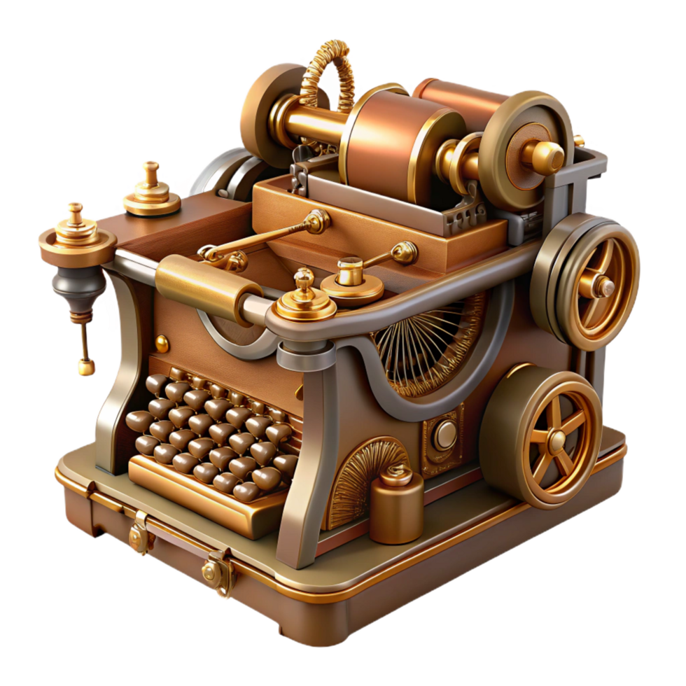 striking remarkable Steampunk typewriter with ornate keys and intricate mechanics. NO BACKGROUND with Transparent Background. png