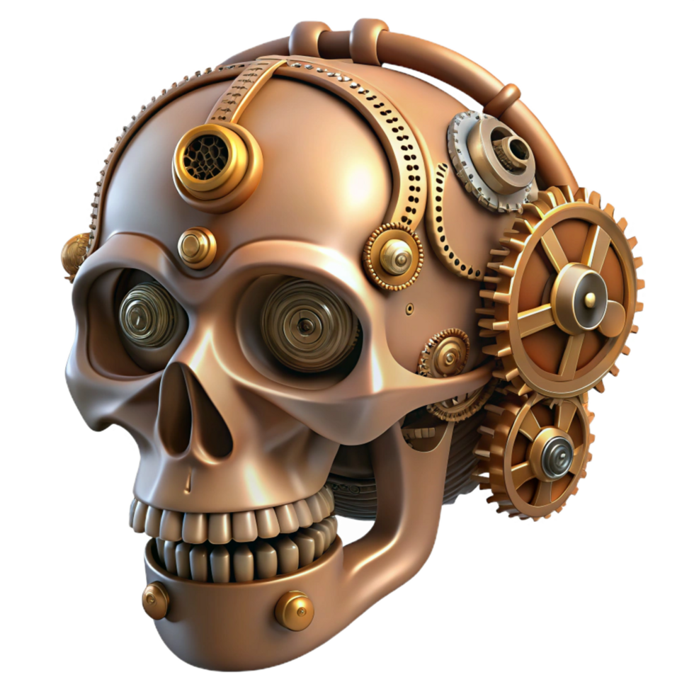 impressive celebrated Steampunk skull with gears and pipes interwoven throughout. NO BACKGROUND with Transparent Background. png