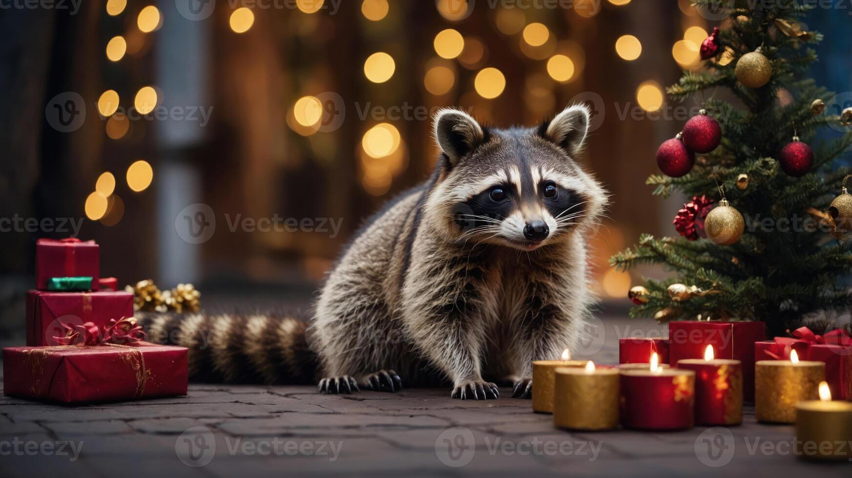 A raccoon near a decorated Christmas tree with gifts and candles, creating a festive atmosphere. photo