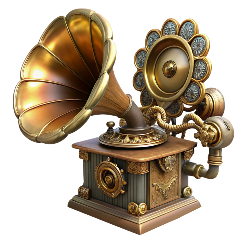immaculate intense mid-century Steampunk gramophone with a large ornate horn and intricate gears. NO BACKGROUND with Transparent Background. detailed png