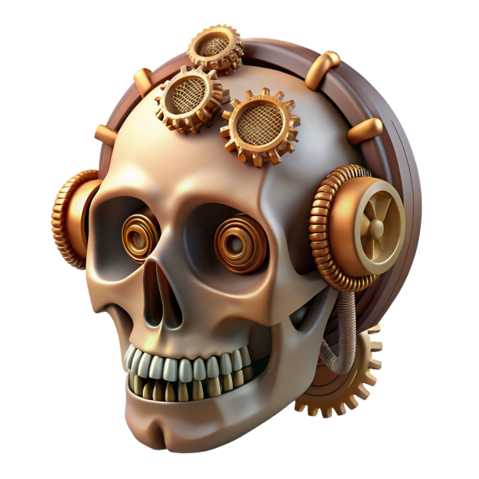 impressive peaceful geometric Steampunk skull with gears and pipes interwoven throughout. NO BACKGROUND with Transparent Background. impeccable png