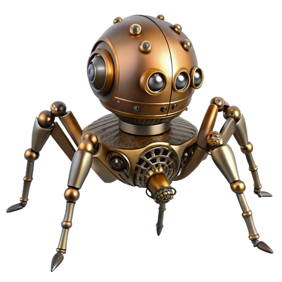 mesmerizing sought-after Steampunk spider automaton with articulated legs and metallic body. NO BACKGROUND with Transparent Background. png