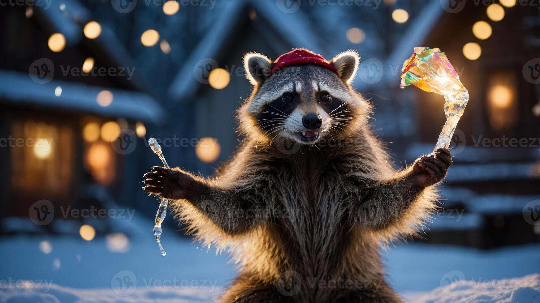 A festive raccoon in a winter setting, joyfully holding colorful items amidst snow and lights. photo