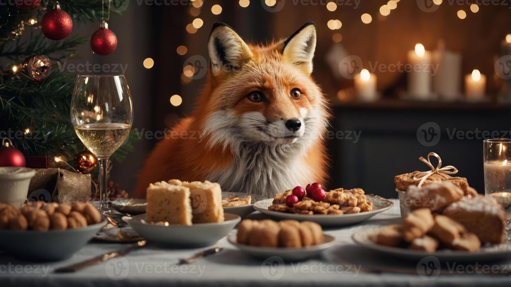 A festive table set with cookies and a fox in a cozy, decorated setting. photo