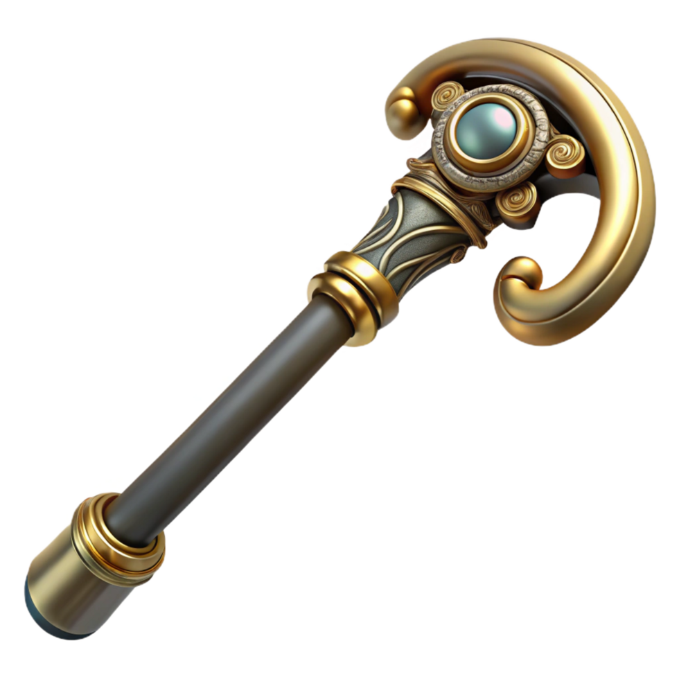 signature abstract Steampunk cane with a hidden blade and ornate brass handle. NO BACKGROUND with Transparent Background. exclusive png