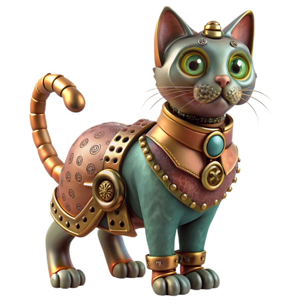 romantic fascinating Steampunk cat automaton with intricate clockwork and velvet fur. NO BACKGROUND with Transparent Background. perfect clarity png
