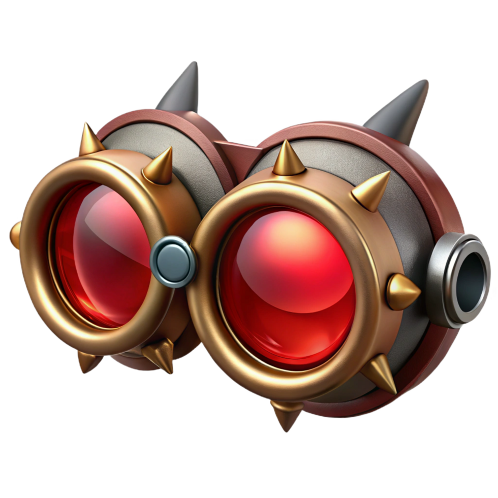 captivating unparalleled Steampunk goggles with ruby red lenses and spiky metal accents. NO BACKGROUND with Transparent Background. png