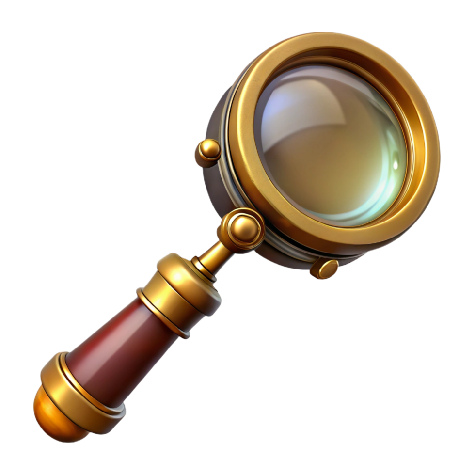 captivating distinguished Steampunk magnifying glass with an ornate brass handle and large lens. NO BACKGROUND with Transparent Background. png